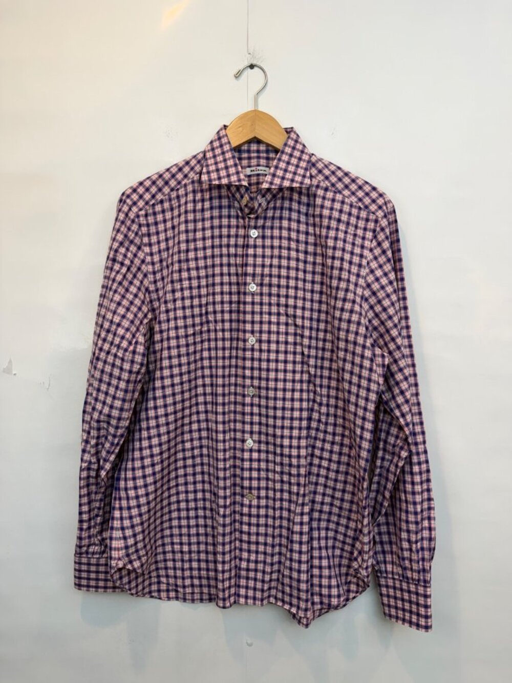 Kiton Men's Pink Blue Plaid Button Down Dress Shirt Size Large Handmade in Italy